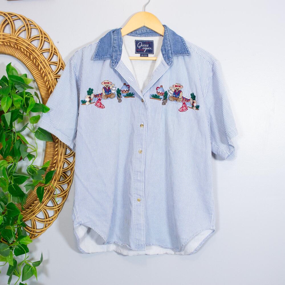 VTG Western Seersucker Stripe Novelty Bear Embroidered Shirt Cottagecore FLAW